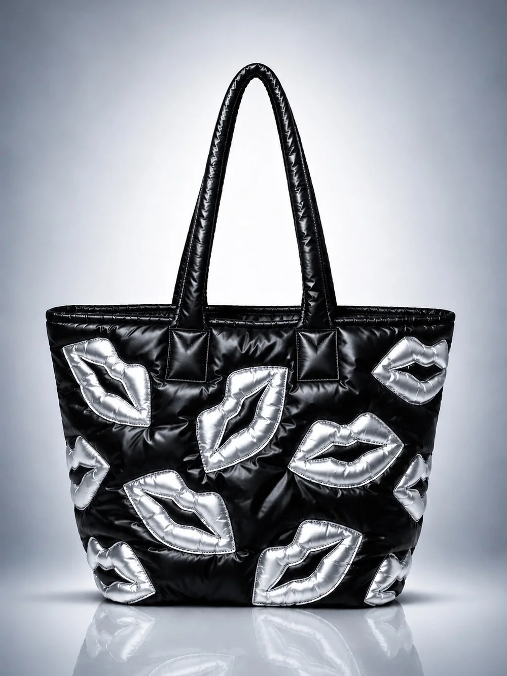 Wildfox Black Puffer Tote Silver Lip Appliqué Quilted Shoulder Bag NWT